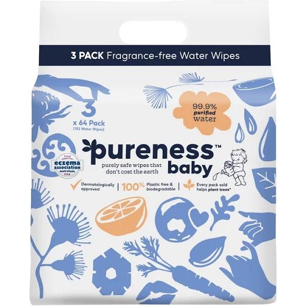 Pureness Baby Biodegradable Plastic Free Sensitive and Newborn Skin Mega Value Wipes, 64 Count, Pack of 3