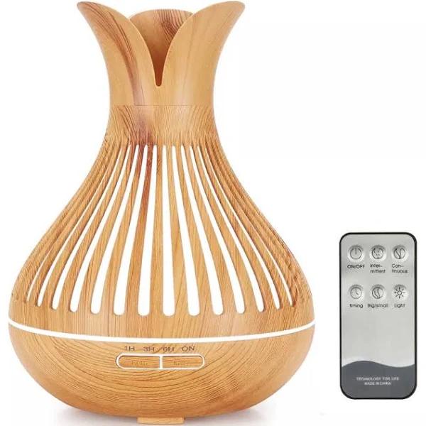 Essential Oil Aroma Diffuser and Remote - 500ml Flower Top Wood Mist Humidifier