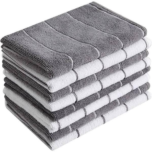 Microfiber Kitchen Towels - Super Absorbent, Soft and Solid Color Dish Towels, 8 Pack (Stripe Designed Grey and White Colors), 26 x 18 Inch