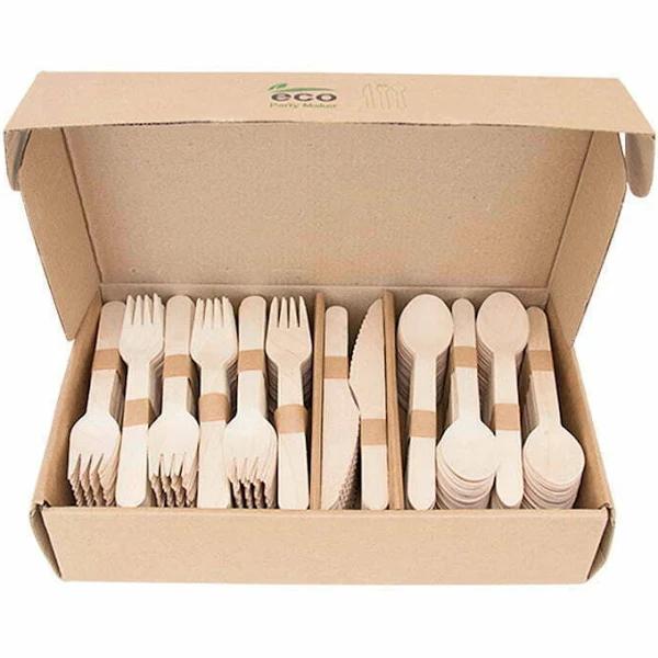 Bulk Wooden Cutlery Box Set Forks Knives Spoons Eco Disposable Party Catering