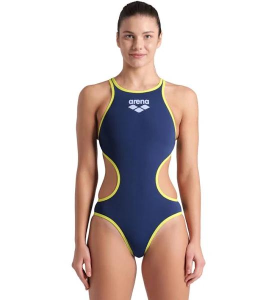 Arena Women's One Big Logo Tech Back Piece Swimsuit - Navy/Soft Green | Polyester - Swimoutlet.com