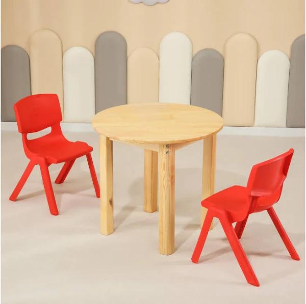 60cm Round Wooden Kids Table and 2 Red Chairs Set Pinewood Timber Childrens Desk