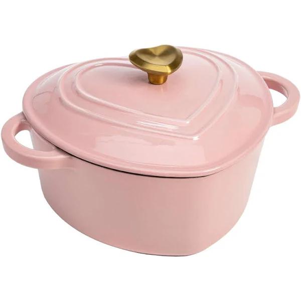 Paris Hilton Enameled Cast Iron Dutch Oven Heart-shaped Pot with Lid, Dual Handles, Works On All Stovetops, Oven Safe to 500°F, 2-Quart, Pink