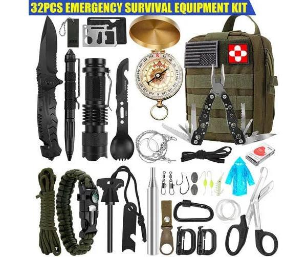 32Pcs Emergency Survival Equipment Kit Outdoor Tactical Hiking Camping SOS Tool