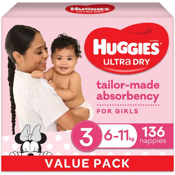 Huggies Ultra Dry Nappies Girls Size 3 (6 - 11kg) 136 Pack