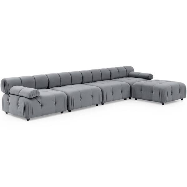 Foret 5 Seater Sofa Modular Arm Ottoman Tufted Velvet Lounge Couch Light Grey