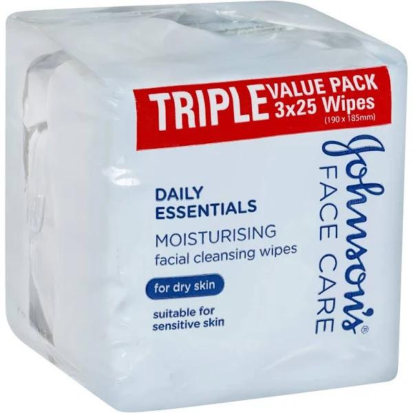 Johnson's Daily Essentials Facial Cleansing Wipes Dry Skin 3 x 25 Pack