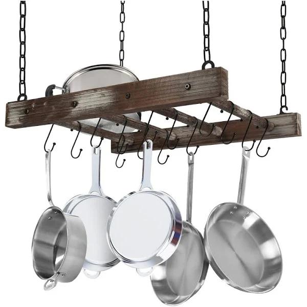 J JACKCUBE Design Rustic Wood Pot Pan Rack Ceiling Mounted Hanger Multi- Purpose Wood and Metal Cookware Kitchen Storage Organizer With Utility 16