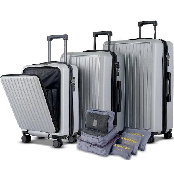 3 Piece Luggage Set Silver Hard Case Carry On Travel Suitcases