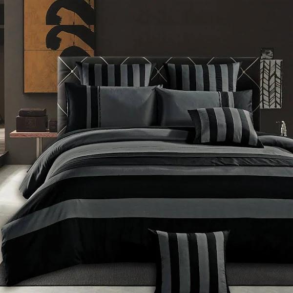 Luxton Queen Size Grey Black Sriped Quilt Cover Set(3PCS)