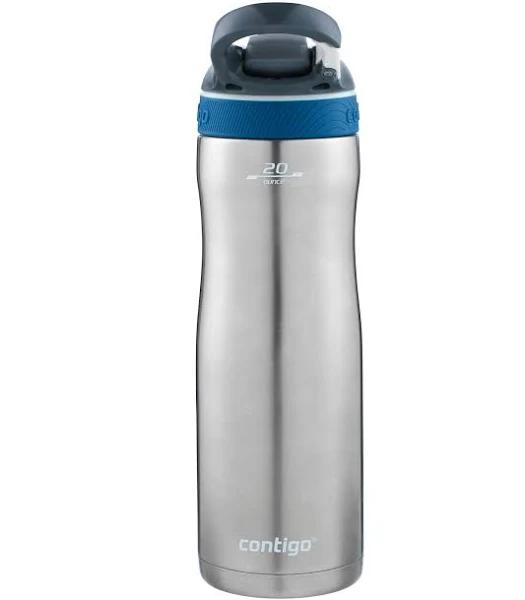 Contigo Ashland Chill Autospout Water Bottle With Flip Straw, Stainless Steel Thermal Drinking Bottle,Leakproof,Grey, Blue, 590 ml