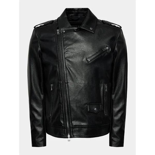 Sisley Ucb Leather Biker Jacket in Black, Size 56 in