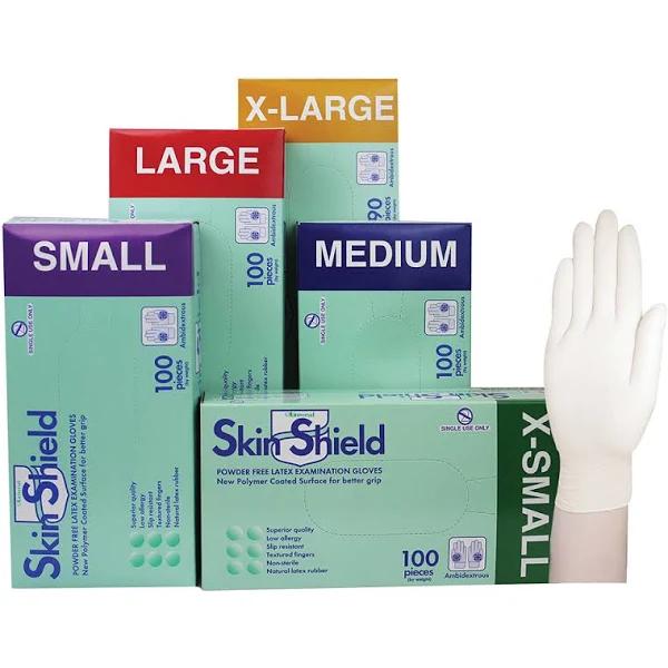 Skin Shield Latex Examination Gloves, Powder Free, AS/NZ Biodegradable Polymer Coated Textured HACCP Medium Cream 100/Box 1000/Carton