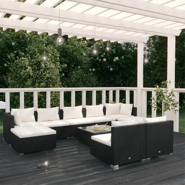 vidaXL 10 Piece Garden Lounge Set with Cushions Black Poly Rattan