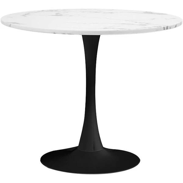 Oikiture 90cm Dining Table Kitchen Marble Tulip Round Metal Leg White&Black