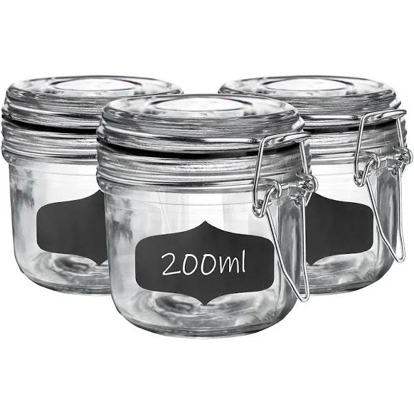 Argon Tableware Glass Storage Jars with Airtight Clip Lid and Chalkboard Stickers - 200ml Set - Black Seal - Pack of 6 - AfterPay & zipPay Available