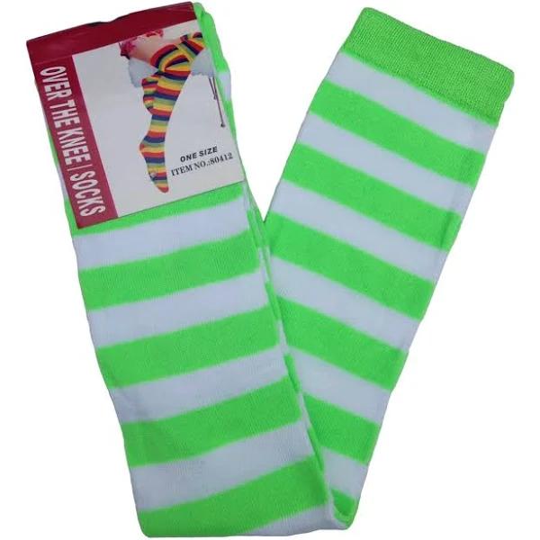 Over The Knee Socks Plain Striped High Thigh Ladies Long Womens Stripey Stocking - Green/White