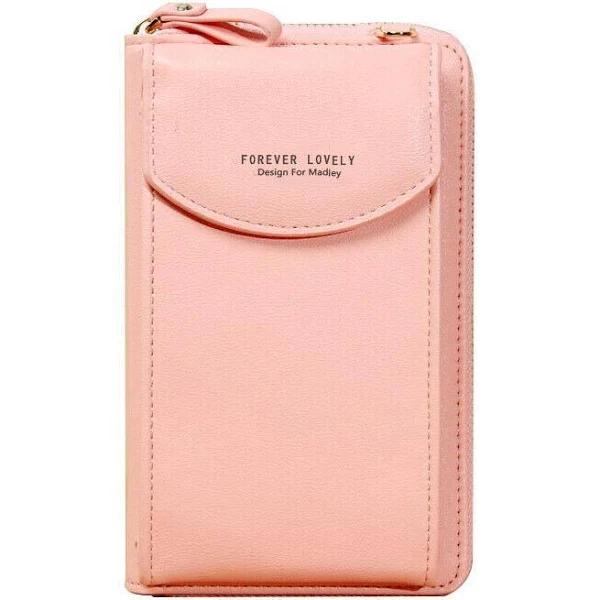 Women Pouch Bag Mobile Phone Bag PU Leather Crossbody Purse Wallet Shoulder Bag Pink