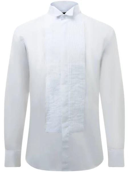 Dobell Mens White Tuxedo Shirt Slim Fit 100% Cotton Wing Collar Pleated Fly Front Double Cuff AU Size 45 - AfterPay & zipPay Available