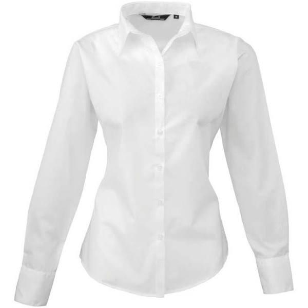 Premier Womens/Ladies Poplin Long Sleeve Blouse / Plain Work Shirt White 18