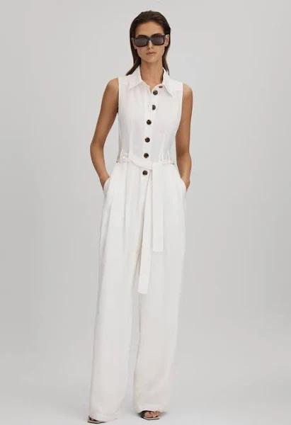 Reiss Perla - White Petite Belted Wide Leg Jumpsuit, 10