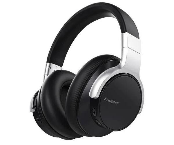 AUSDOM E7 Active Noise Cancelling Headphones: Wireless Bluetooth Over Ear ANC Headphones With Microphone Black Silver