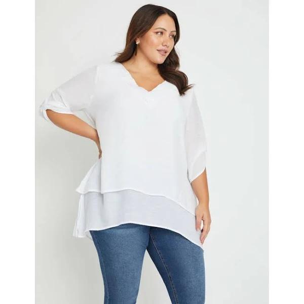 Beme - Plus Size - Womens Tops - V Neck Button Detail Woven Double Layer Tunic - 14