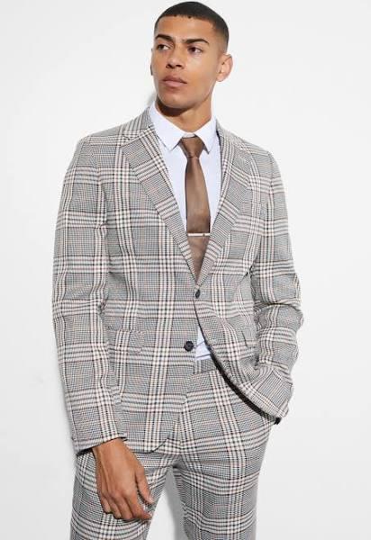 Mens Brown Slim Single Breasted Check Suit Jacket