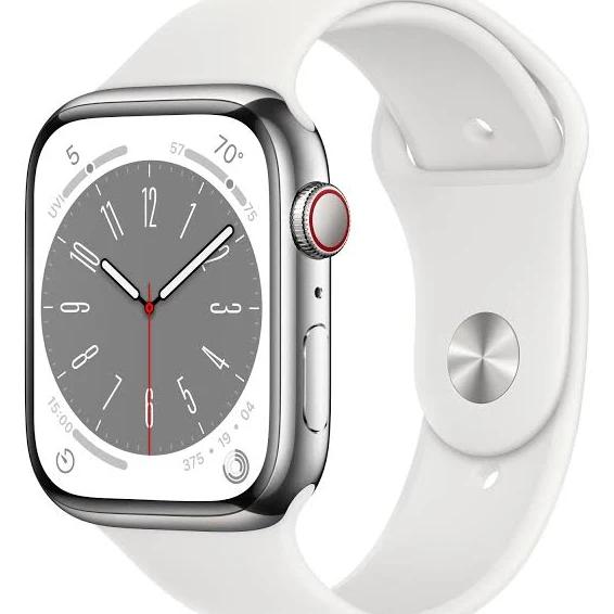 Apple Watch Series 8 45mm Silver Stainless Steel Case with White Sport Band - GPS + Cellular