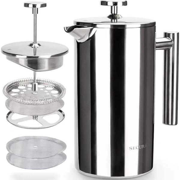 Secura French Press Coffee Maker 18/10 Stainless Steel | Bonus SS Screen Stainless Steel