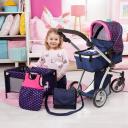 Bayer Milano Doll Pram Mega Set - Dark Blue With Pink Hearts