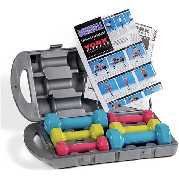 York 10kg PVC Dipped Dumbbell Set in Case