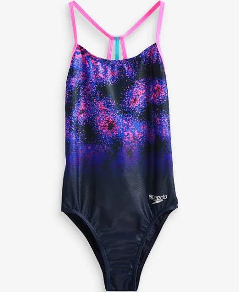 Speedo Lane Line Back One Piece - Navy/Pink/Cobalt - Girls 12