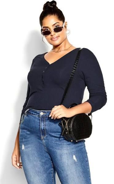 Plus Size Top Button Long Sleeve in Navy, Size 12 | City Chic