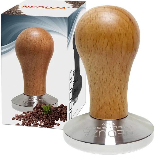 NEOUZA Coffee Machine Espresso Tamper Barista Coffee Powder Bean Press Wooden Handle 304 Stainless Steel Flat Base (58mm)