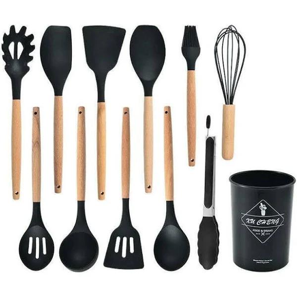 Set of 12 Silicone Utensils Set Wooden Cooking Kitchen Baking Cookware AU Stock