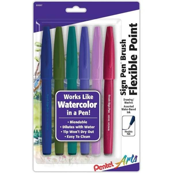 Pentel Arts Sign Pens with Brush Tip 6/Pkg-Assorted Colors