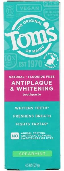 Tom's of Maine, Antiplaque & Whitening Toothpaste, Fluoride Free, Spearmint , 4.5 oz (127 g)