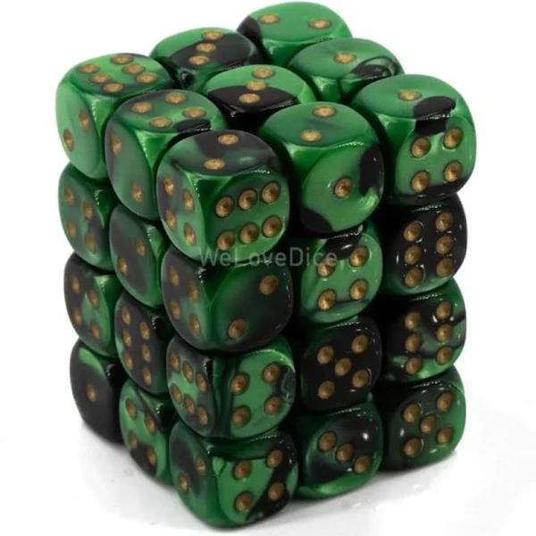 Chessex 12mm D6 Dice Block Gemini Black-Green/gold