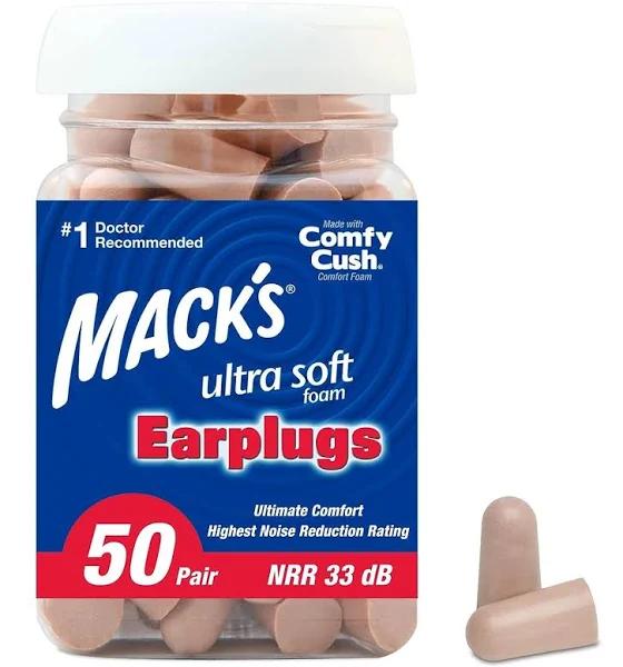 Mack's Ultra Soft Foam Earplugs, 50 Pair - 32dB Highest NRR, Comfortable Ear Plugs For Sleeping, Snoring, Travel, Concerts, Studying, Loud Noise,