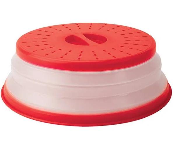 Vented Collapsible Microwave Splatter Proof Food Plate Cover With Easy Grip Handle Dishwasher-Safe, BPA-Free Silicone & Plastic, 10.5" Round-Red