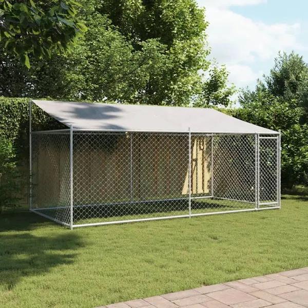 Dog Cage with Roof and Door Grey 4x2x2 M Galvanised Steel