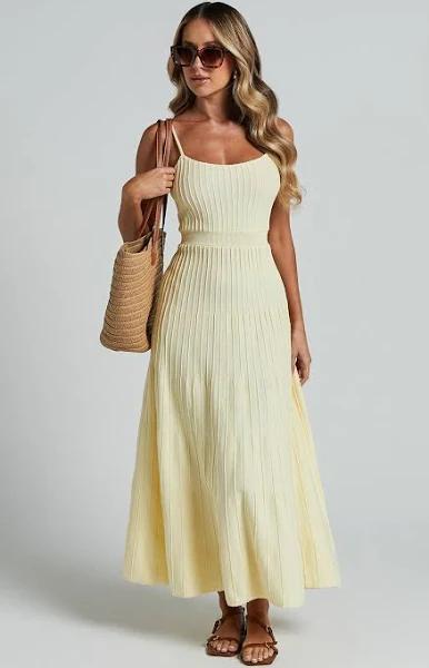 Donissa Midi Dress - Panelled Knit Dress in Butter Yellow - Showpo Fit & Flare Dresses