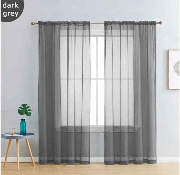 Pair of Dark Grey Sheer Curtain 140x213cm Rod Pocket Voile Curtains