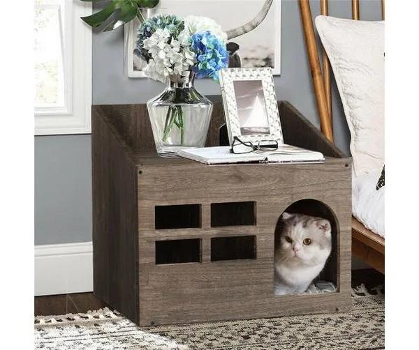 Decorative Cat House Nightstand Wodden Cat Litter Box Pet Crate Enclosed Shelter