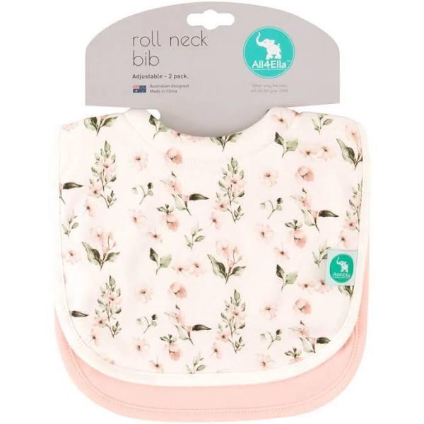 All4Ella Roll Neck Bib, Pink Flower 100% Cotton