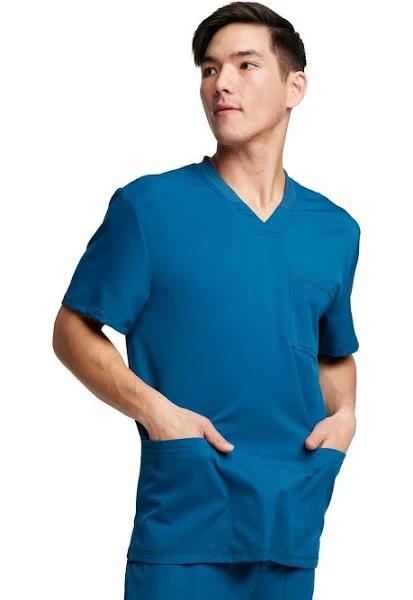 Dickies Medical Dk640 Men's V-Neck Top 91% Polyester 9% Spandex Textured Dobby, Price/Each - Caribbean Blue, L