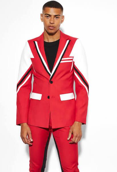 Mens Red Skinny Colourblock Suit Jacket