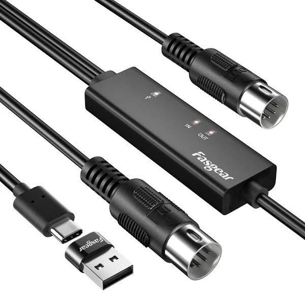 Fasgear USB C Midi Cable With Type C to USB Adapter, 6ft Type C to IN-OUT Midi Cable For Music Keyboard Piano to PC Laptop, Midi to USB C Interface C