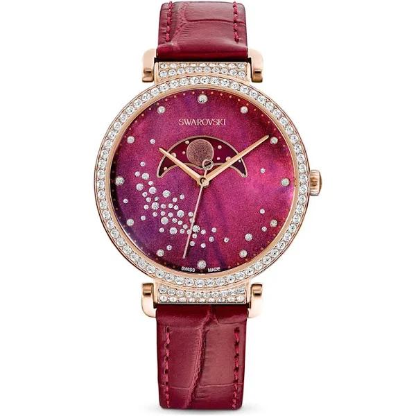 Swarovski Passage Moon Phase Watch, Swiss Made, Moon, Leather Strap, Red, Rose Gold-Tone Finish